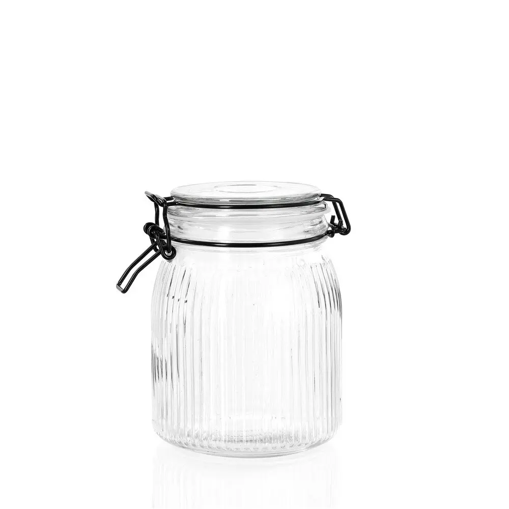 3x Lemon & Lime Fido Stripe 1L/15.5cm Glass Clip Jar Food Canister Container CLR