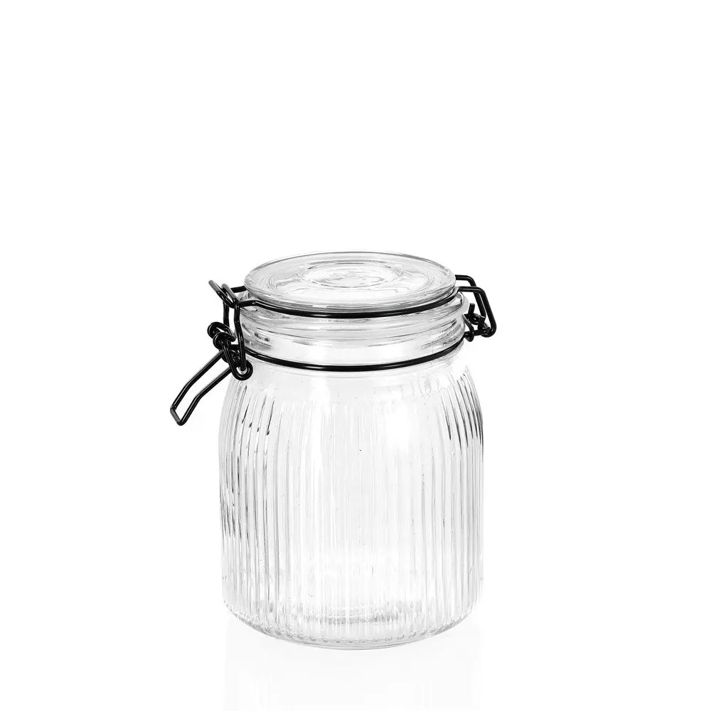 3x Lemon & Lime Fido Stripe 1L/15.5cm Glass Clip Jar Food Canister Container CLR