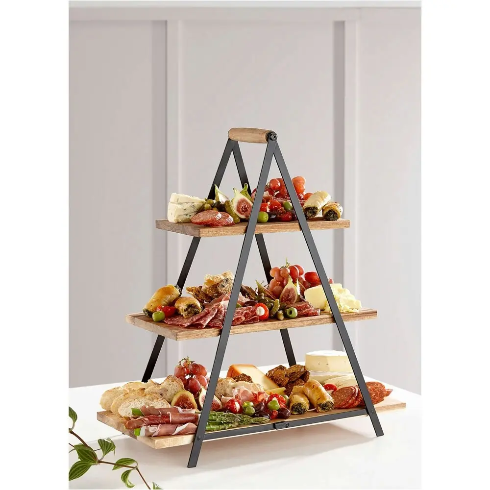 4pc Ladelle Serve & Share 3-Tier 54cm Wood Serving Tower w/ Plates/Frame Acacia