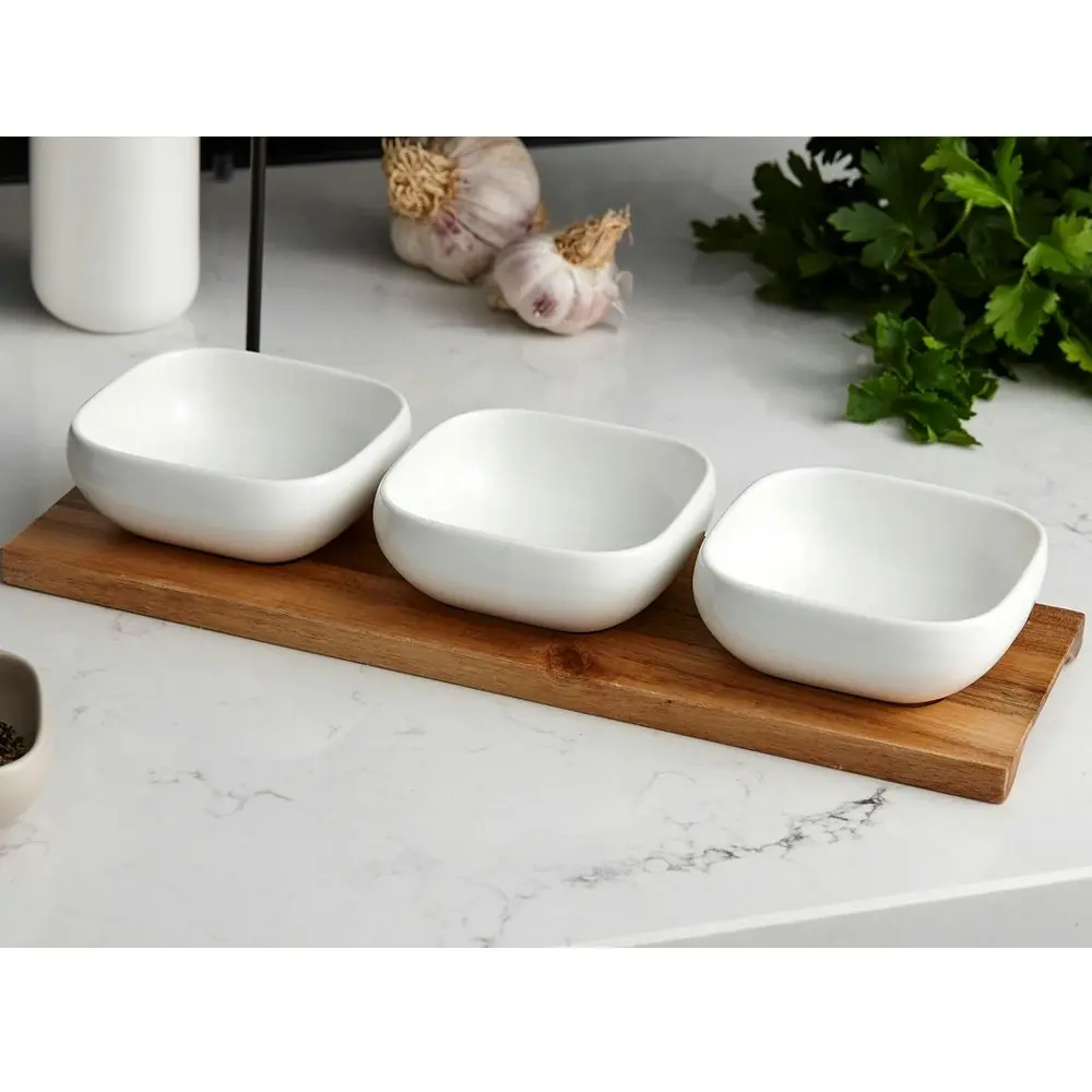 4pc Ladelle Essentials 3 White Serving Snack/Dip Porcelain Bowls/Acacia Tray Set