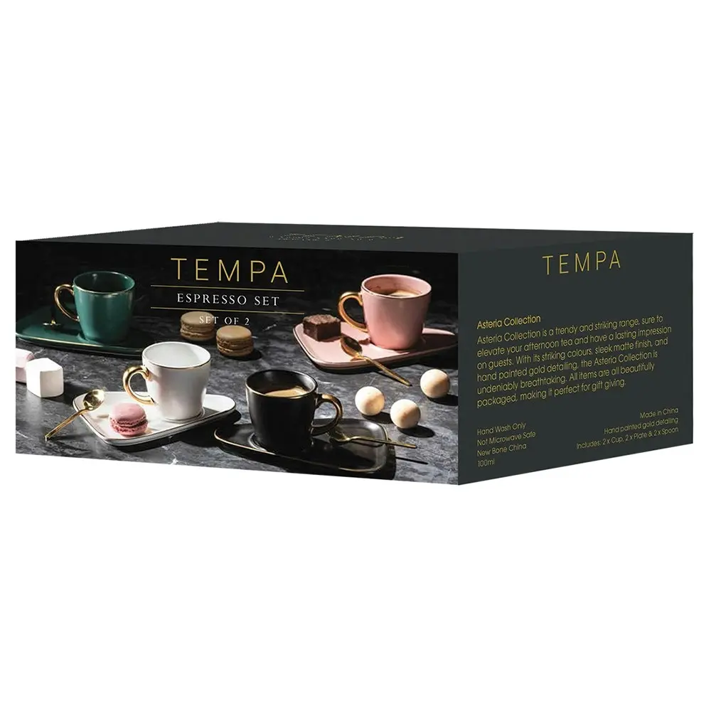 2pc Tempa Asteria 100ml Espresso Coffee Cup Mug w/Plate/Spoon Drinkware Set BLK