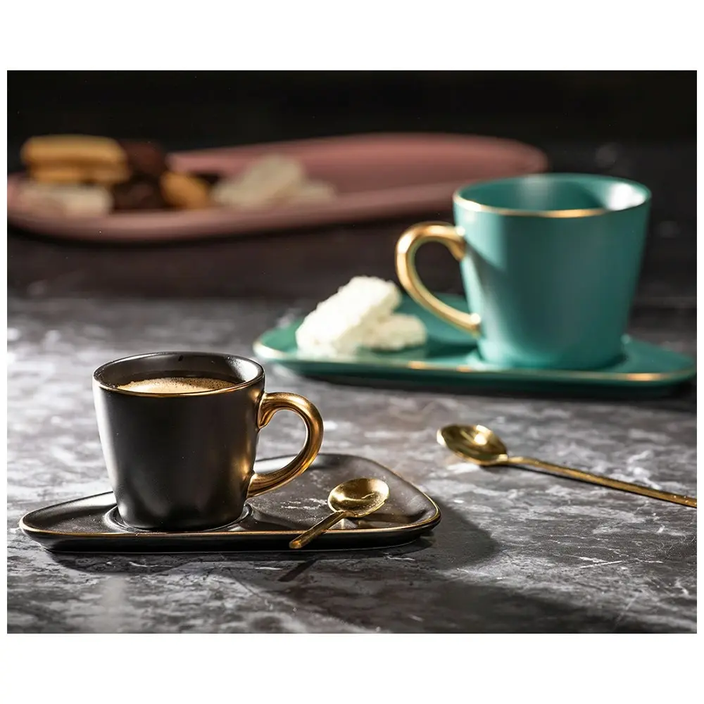 2pc Tempa Asteria 100ml Espresso Coffee Cup Mug w/Plate/Spoon Drinkware Set BLK