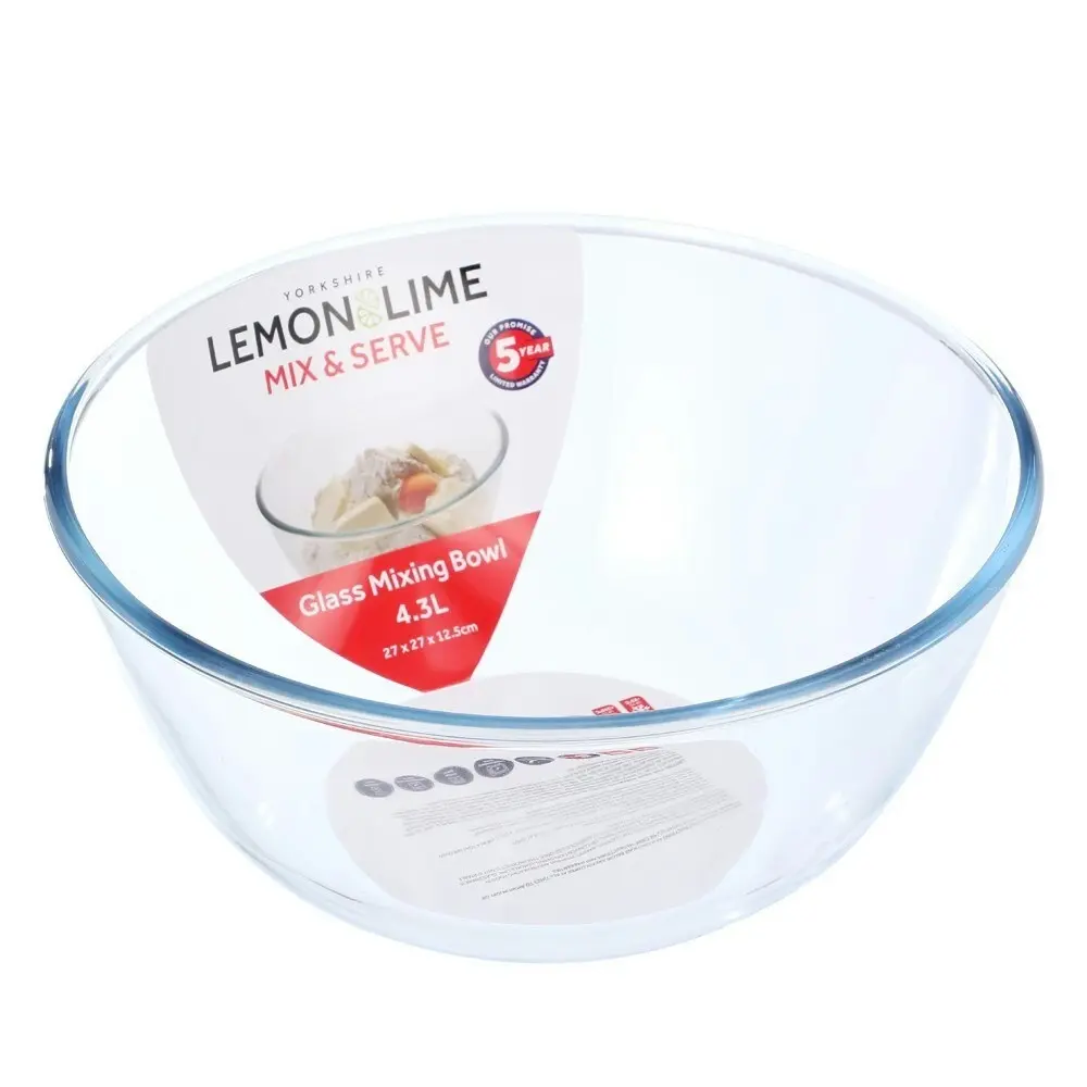 2x Lemon & Lime Yorkshire 27cm Glass Mixing Bowl 4.3L Round Dish Bakeware Clear