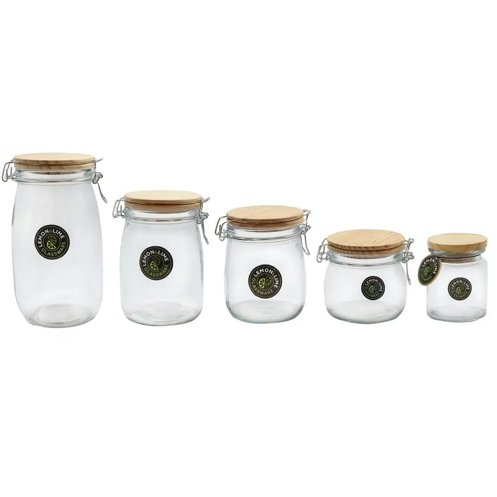 3x Lemon & Lime Glass Clip Jar 470ml Wooden Lid 10.5cm Kitchen Storage Container