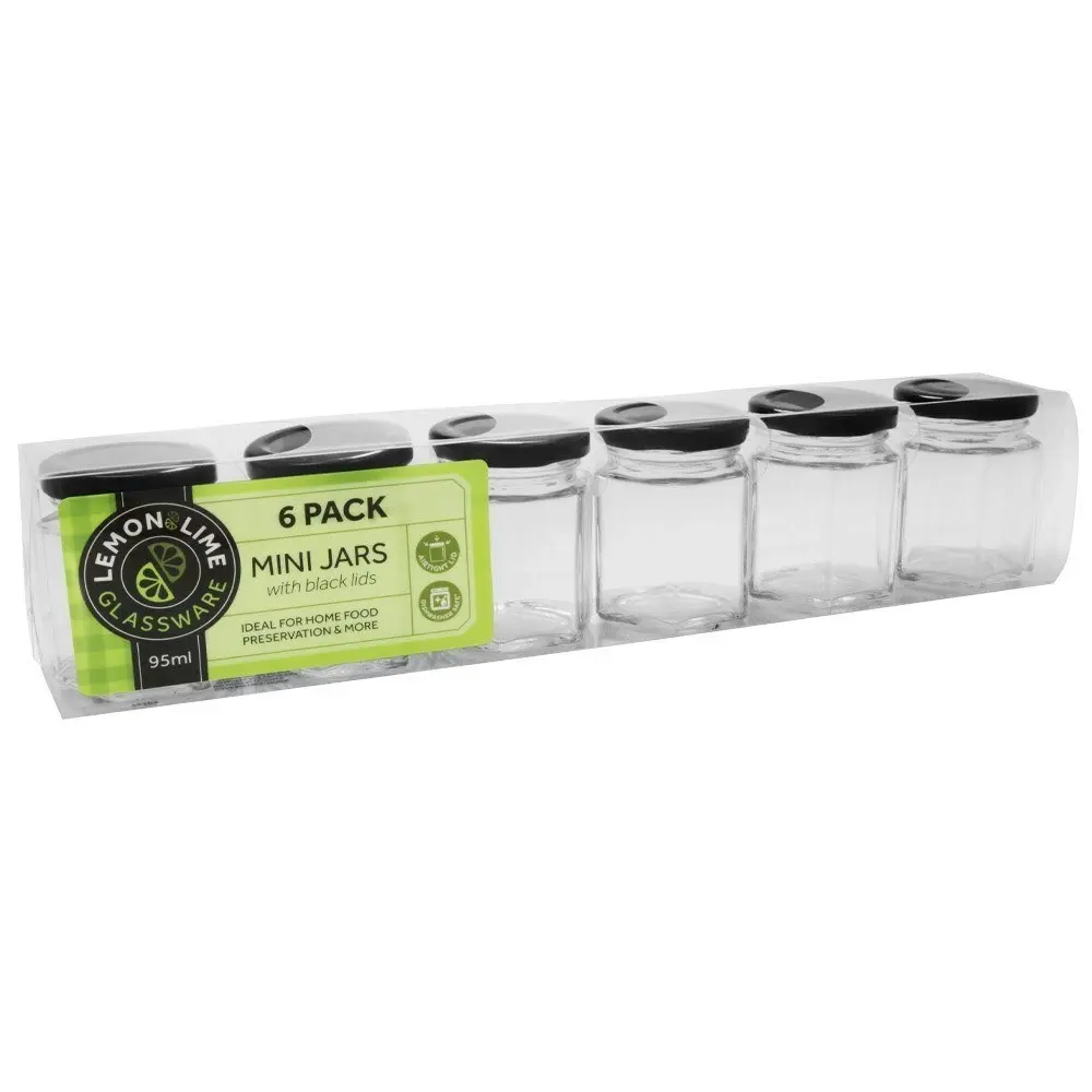 18PK Lemon & Lime Glass Hexagonal Jar 95ml Black Lid Kitchen Storage Container