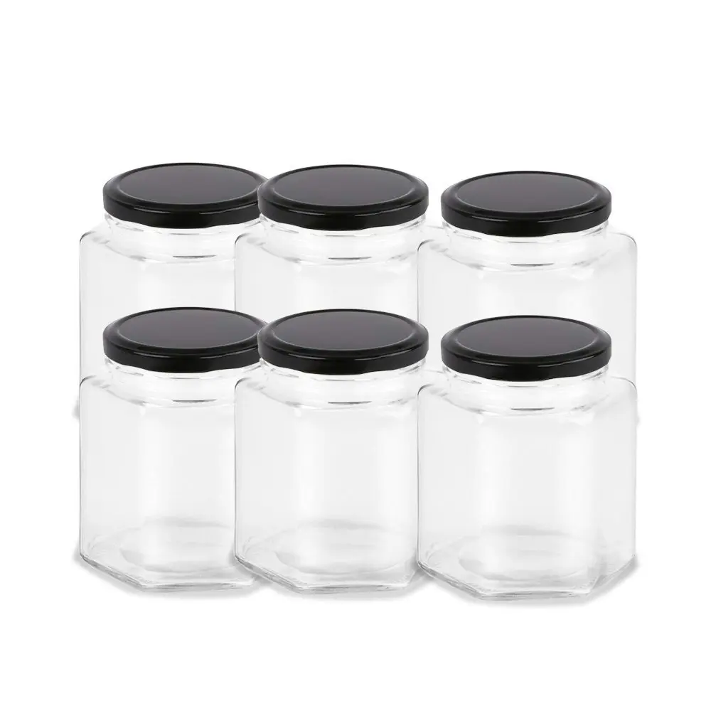 18PK Lemon & Lime Glass Hexagonal Jar 95ml Black Lid Kitchen Storage Container