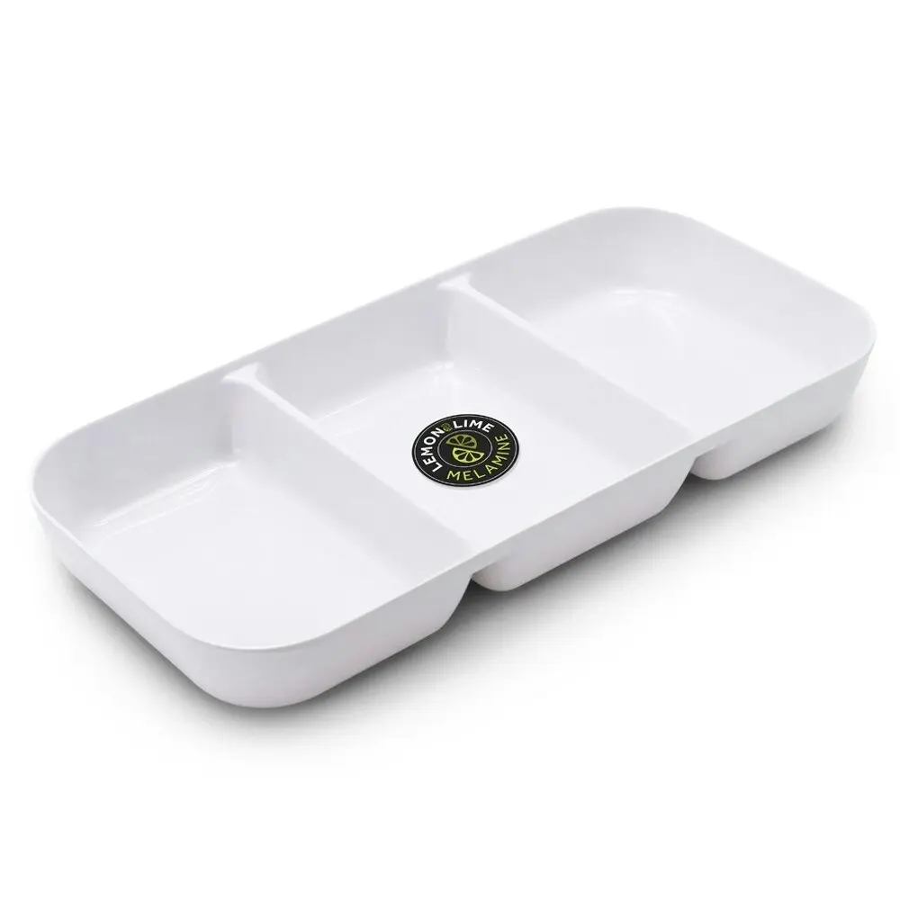 3x Lemon & Lime Large 3-Section 33cm Melamine Serving Tray/Food Container White