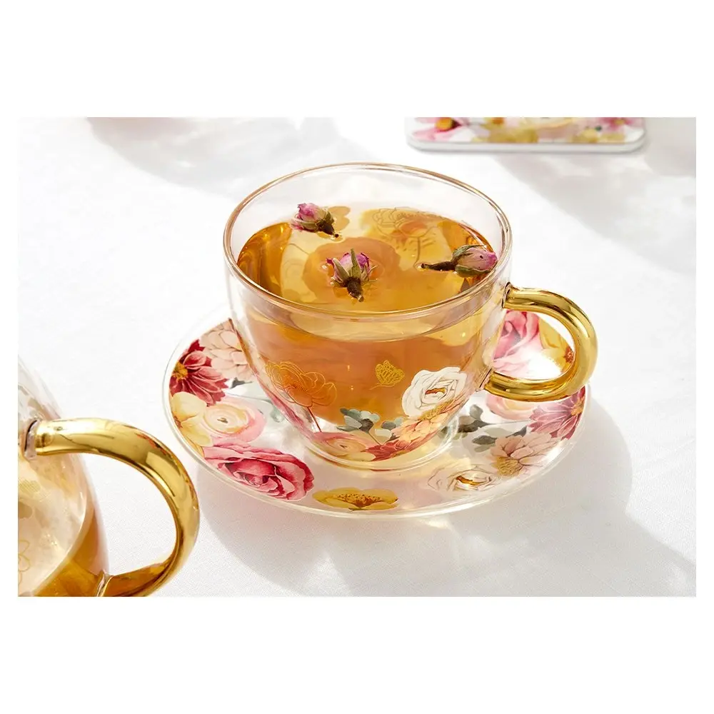 Ashdene 300ml Springtime Soiree Double Walled Glass Flowers Tea Cup/Saucer Set