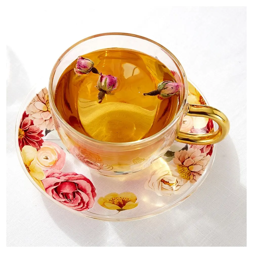 Ashdene 300ml Springtime Soiree Double Walled Glass Flowers Tea Cup/Saucer Set