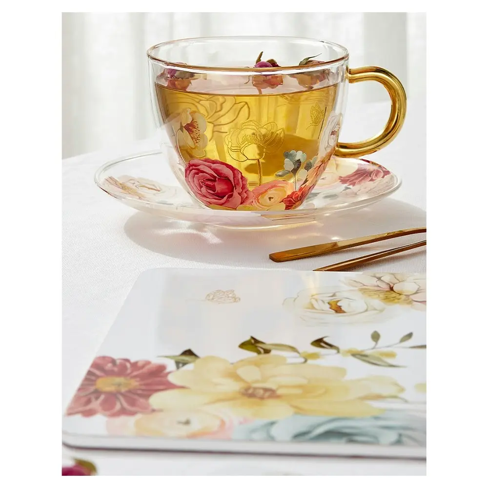 Ashdene 300ml Springtime Soiree Double Walled Glass Flowers Tea Cup/Saucer Set