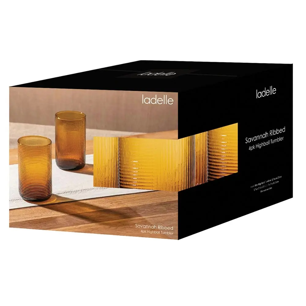 4pc Ladelle 410ml Savannah Ribbed Amber Highball Tumbler/Glass/Cup Cold Drinks