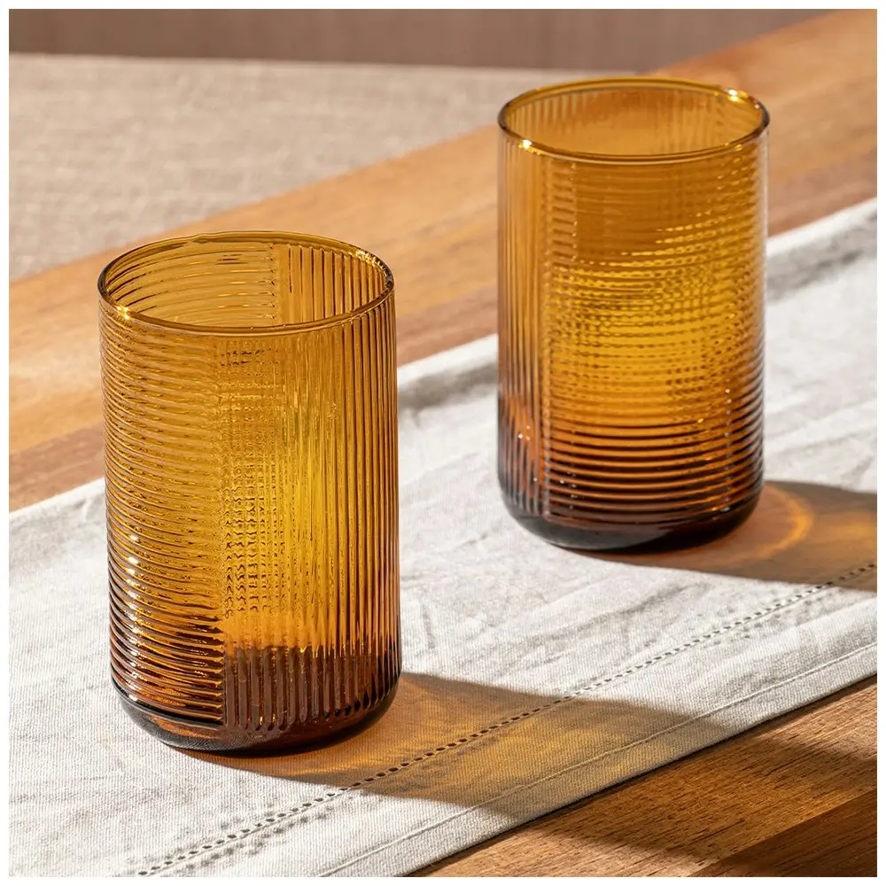 4pc Ladelle 410ml Savannah Ribbed Amber Highball Tumbler/Glass/Cup Cold Drinks