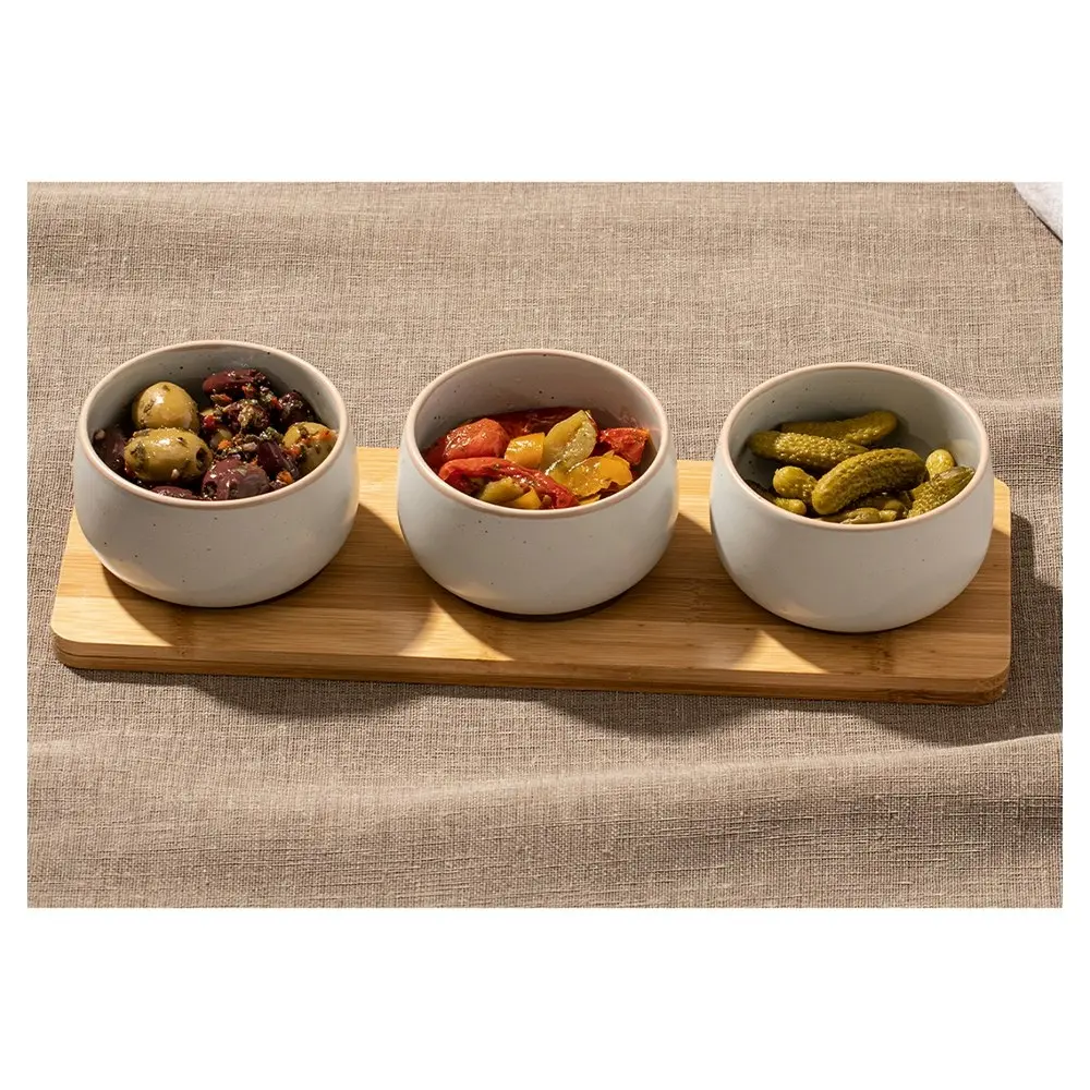 4pc Ladelle Nestle 9cm Stoneware Bowl/Bamboo Tray Serving Snack Container Set