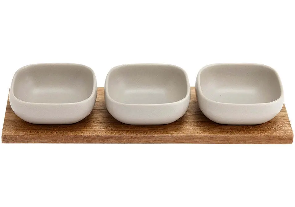 4pc Ladelle Essentials Porcelain Dip/Sauce Bowl & 32.5cm Acacia Tray Set Stone