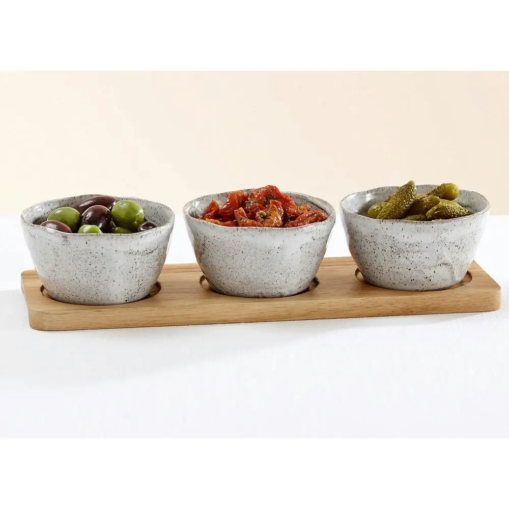 4pc Ladelle Artisan 10cm Deep Porcelain Bowl Set Grey w/ Wooden Board 31cm Tray