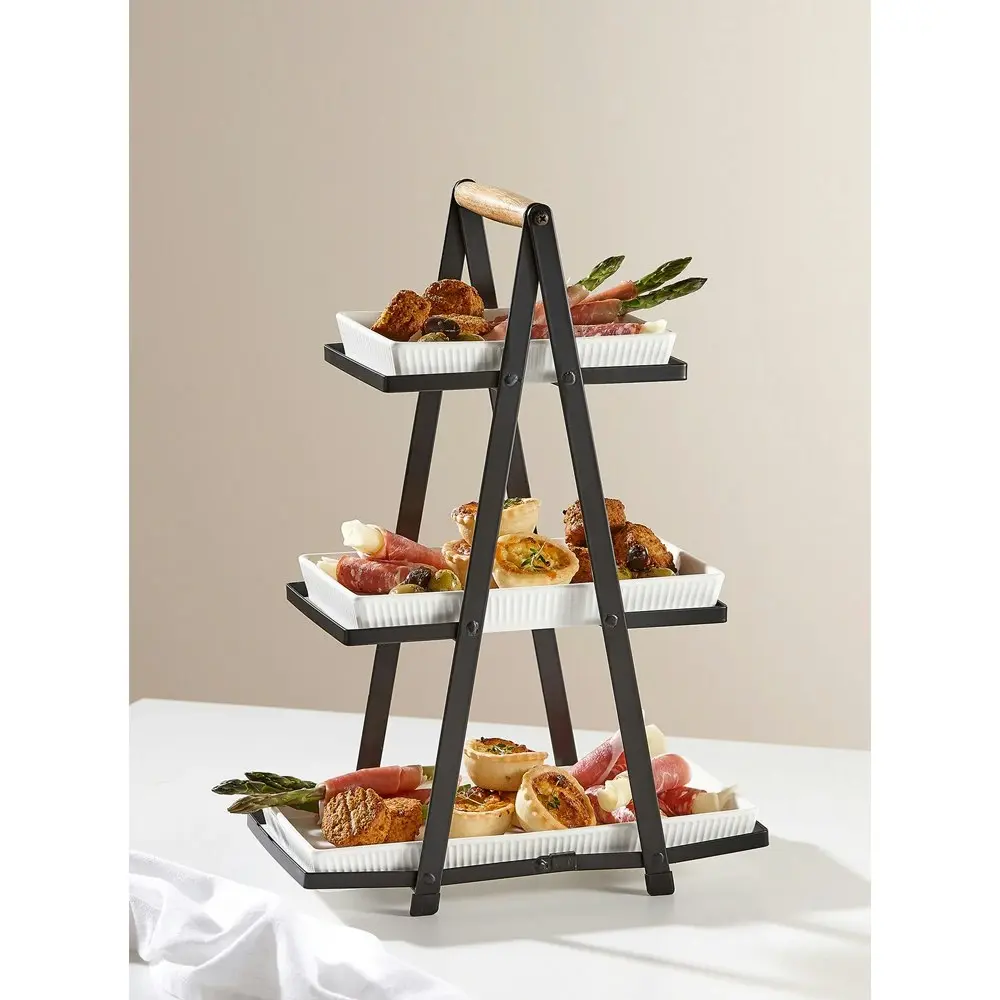 Ladelle Classica 3 Tier Cheese/Olive Serving Tower Porcelain/Wood Platter Plate