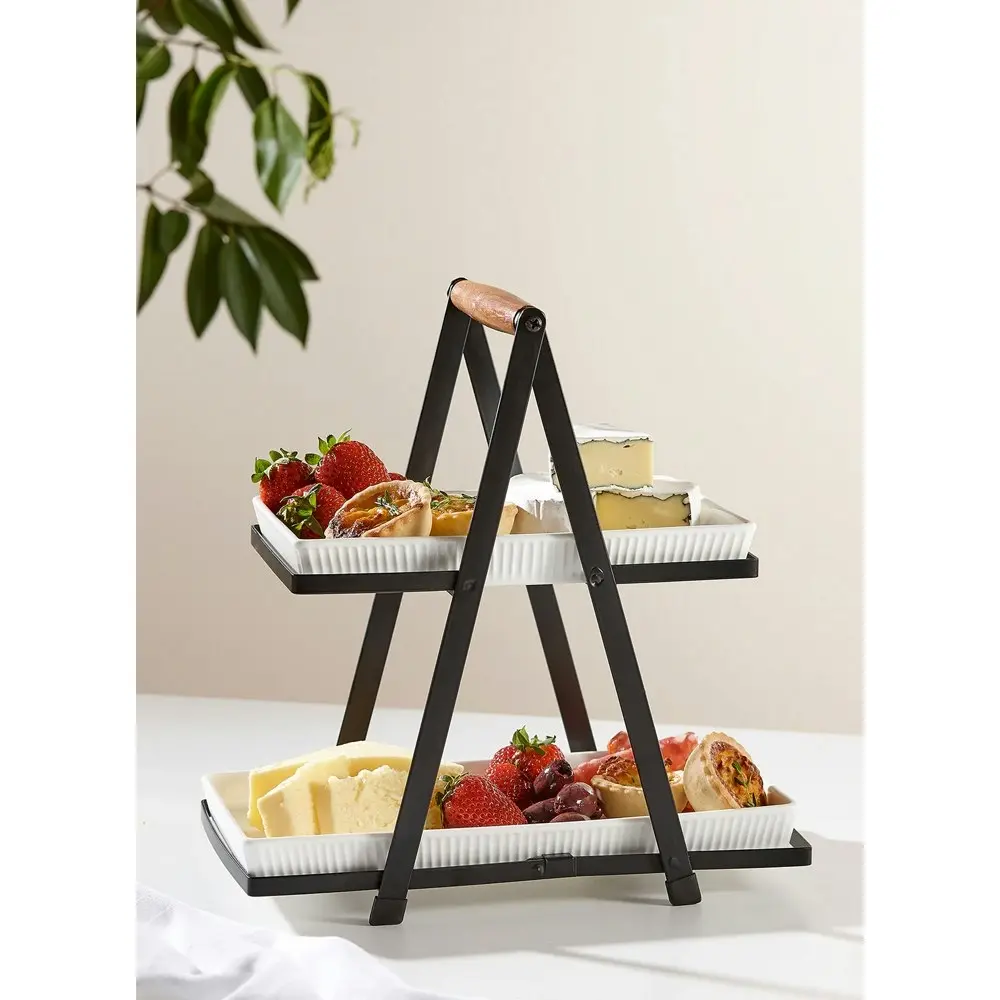 Ladelle Classica 2 Tier Cheese/Olive Serving Tower Porcelain/Wood Platter Plate