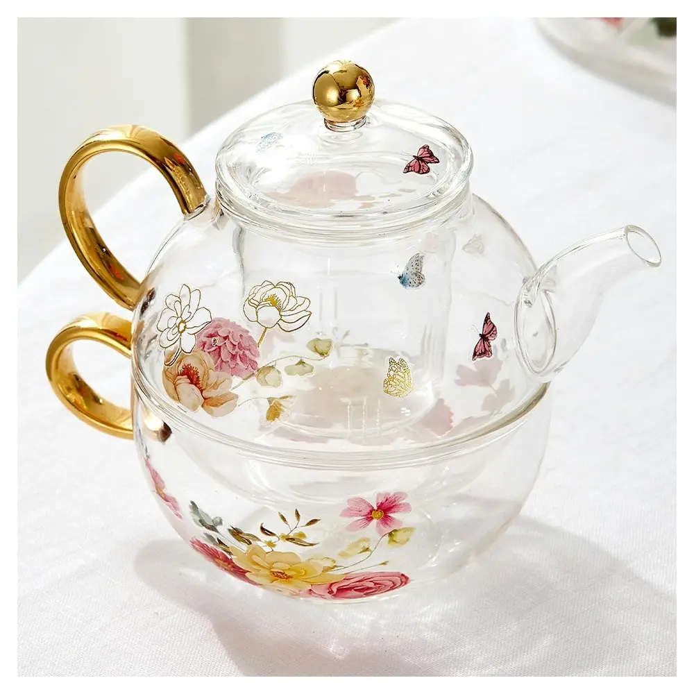 Ashdene Springtime Soiree Glass Tea f/One Brewing Infuser Teapot Cup Saucer Set