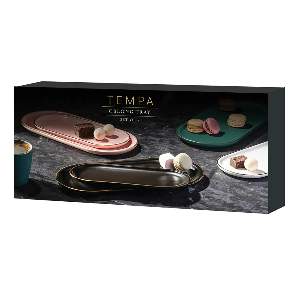 2pc Tempa Asteria Black Oblong Tray Set New Bone China Food Server/Serveware