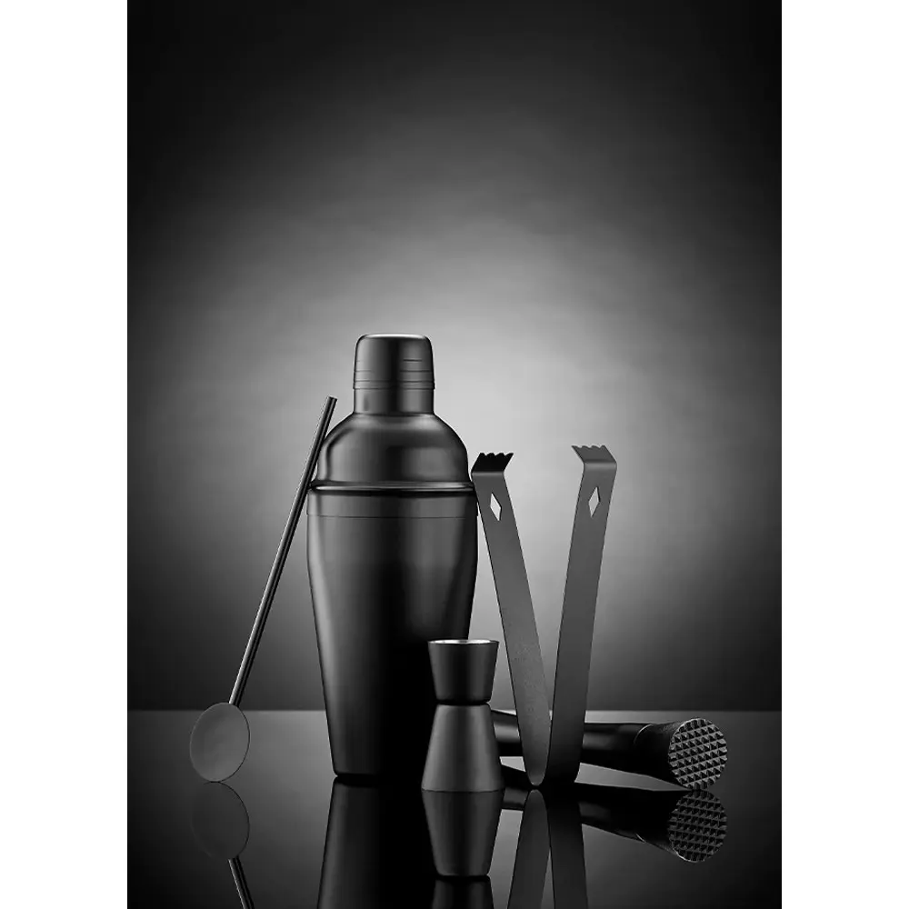 5pc Tempa Aurora Matte Black Cocktail Set w/ Jigger/Shaker/Muddler/Tongs/Spoon