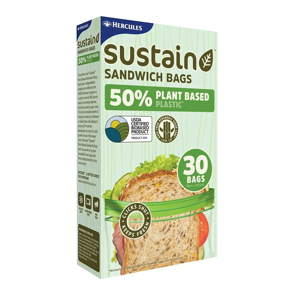 90pc Hercules Sustain 18x16.5cm Plant Based Plastic Resealable Sandwich Bags