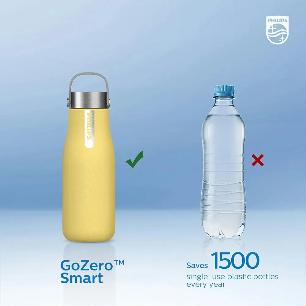 Philips GoZero 590ml Smart Hydration Hot/Cold Water Bottle w/UV Cleaner Yellow