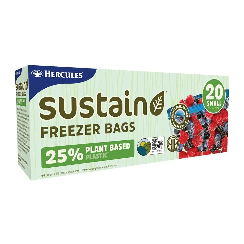 60pc Hercules Sustain Freezer Bags 18x20cm Plant Based Resealable Anti-Freeze