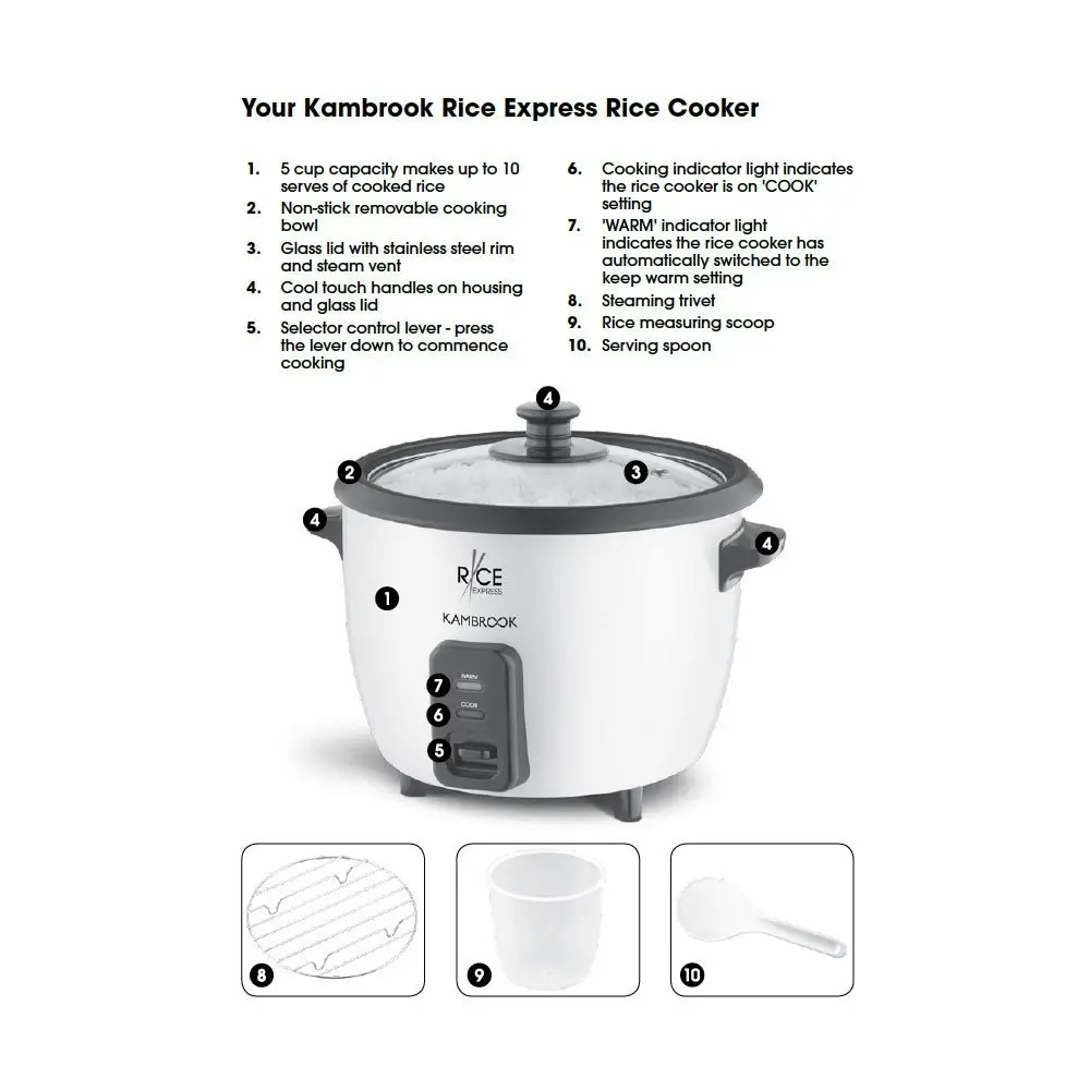 Kambrook Electric Rice Cooker Express 5 Cup w/ Non-stick Bowl Pan/Spoon/Cup/lid