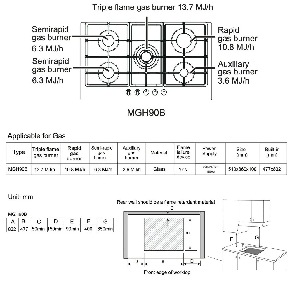 Mec 90cm Glass 5 Cooking Burner Cooktop/Benchtop/Stovetop w/ Built-In Gas Hobs