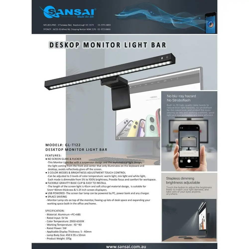 Sansai Desktop Monitor/Keyboard/Computer Light Bar 45cm Warm/Mix/White Light