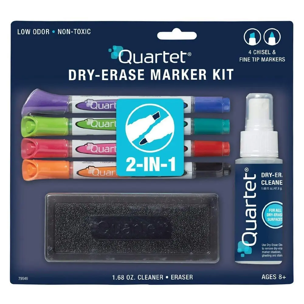 2PK Quartet Eraser/ Liquid Cleaner & 4x 2in1 Markers Accessory Kit f/ Whiteboard