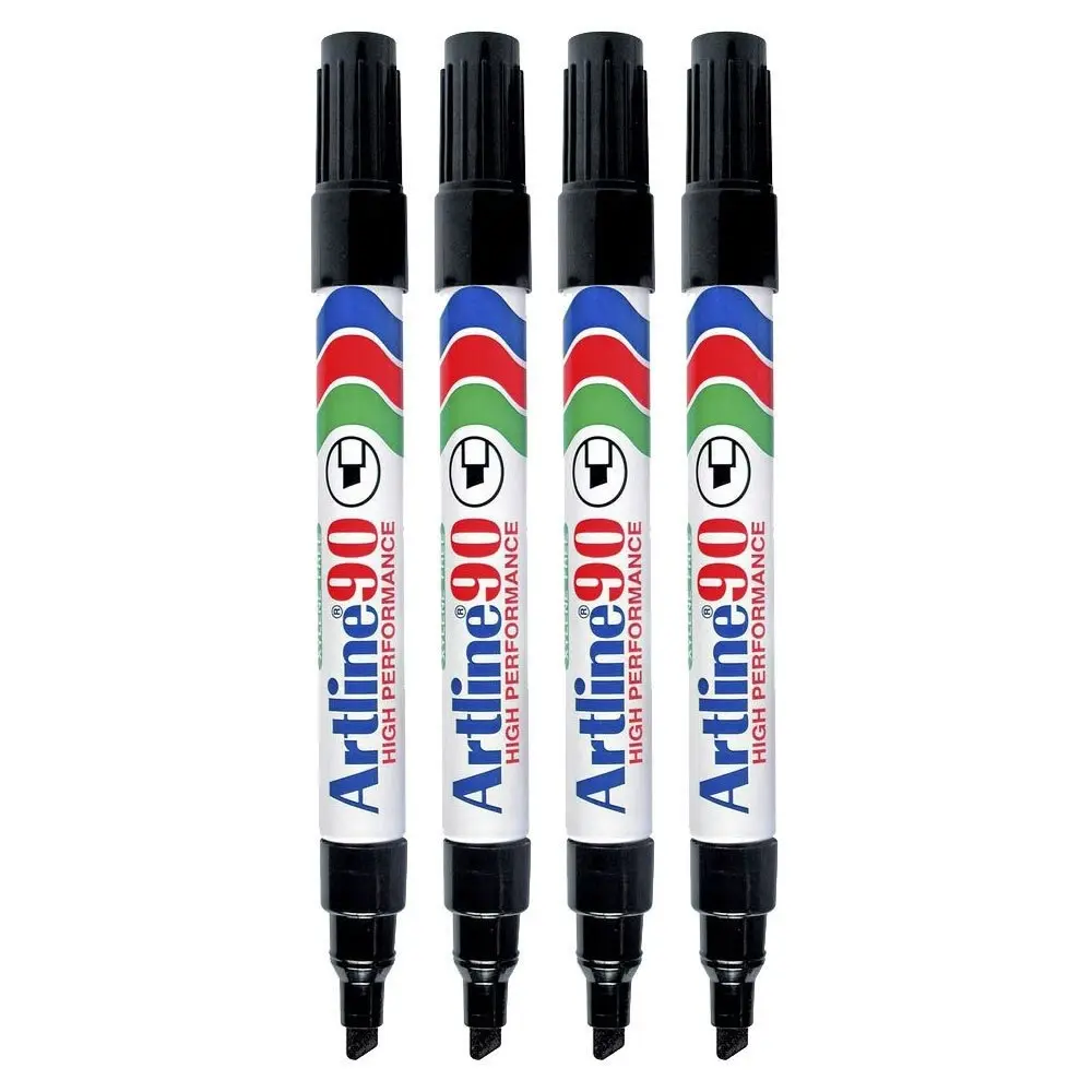 4pc Artline 90 Permanent Marker Office/School 2-5mm Line Width Chisel Nib Black