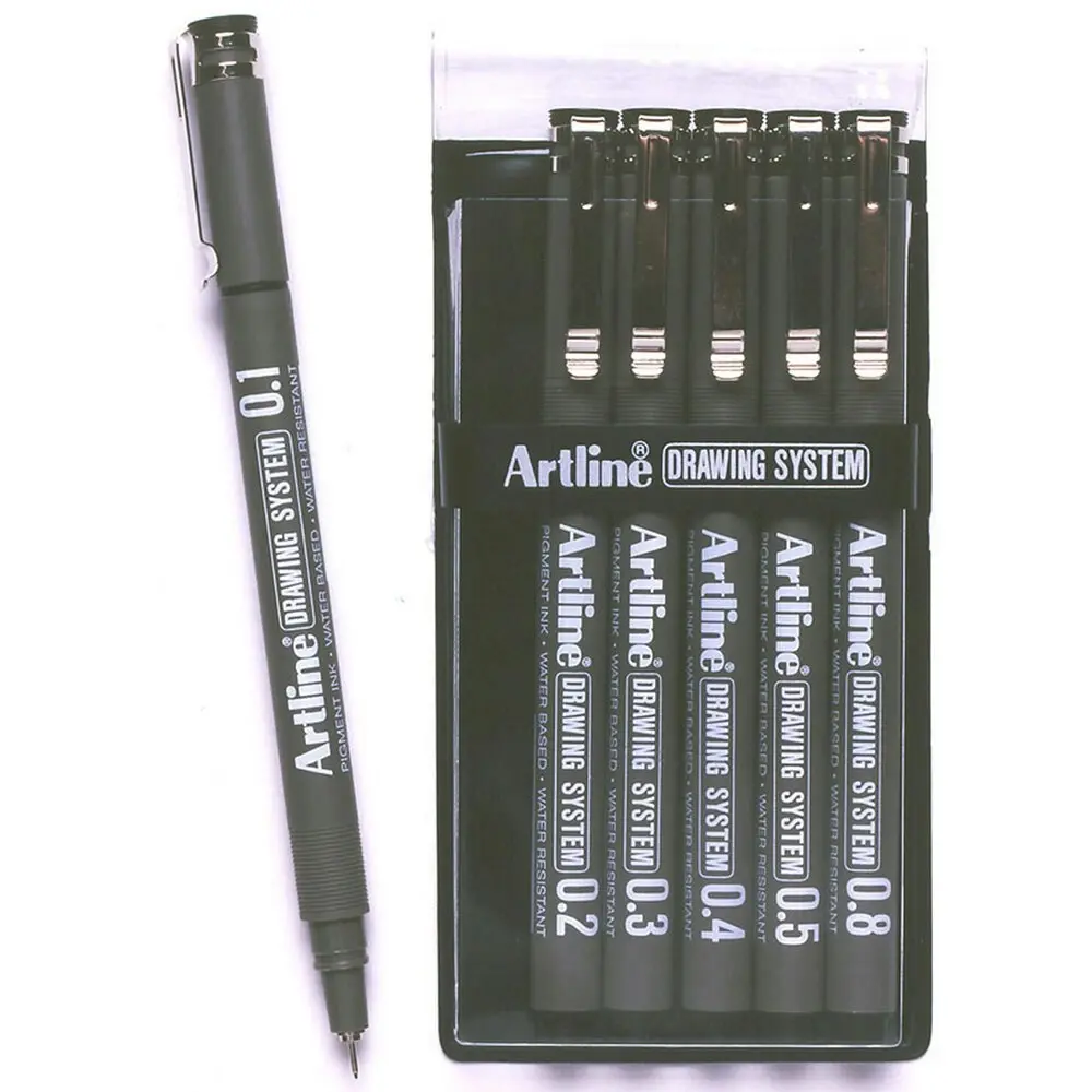 12pc Artline Drawing System 6 Nib Sizes 0.1/0.2/0.3/0.4/0.5/0.8 Pen Set Black