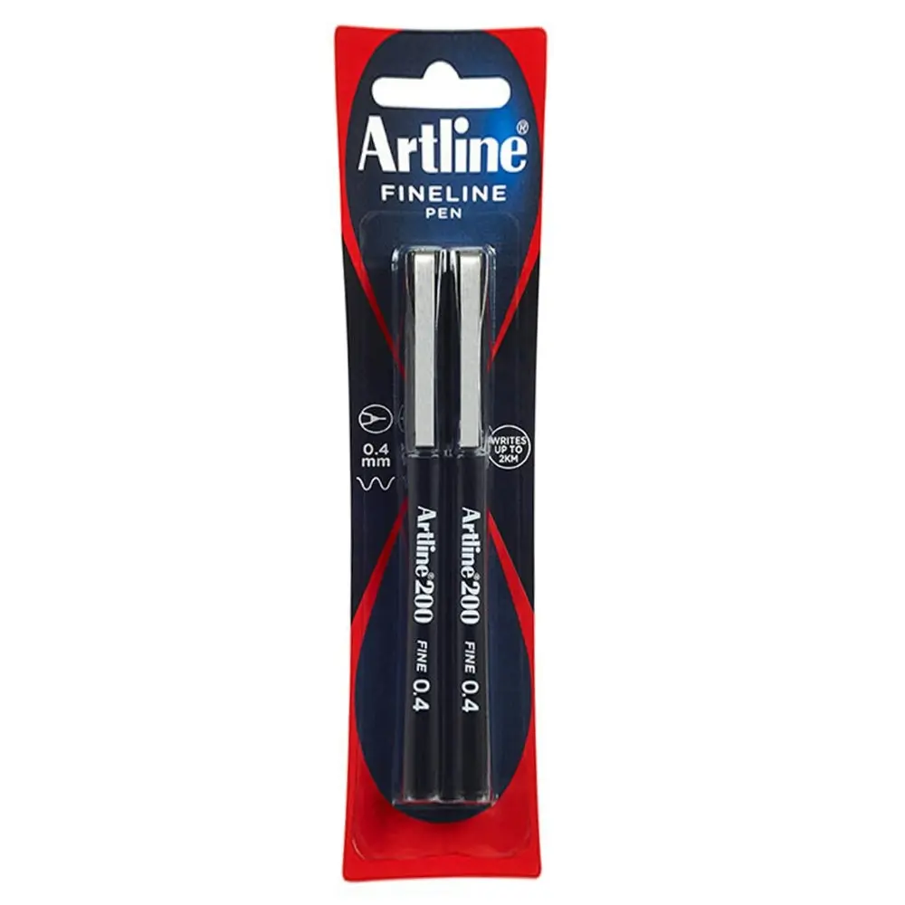 2x 2pc Artline Fineline 200 Fine 0.4mm Line Width School Drawing Writing Pen BLK