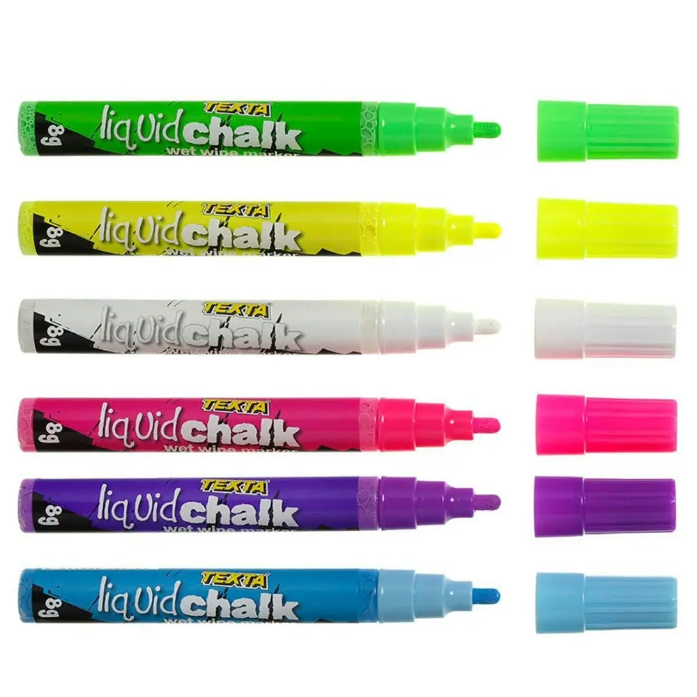 6pc Texta Liquid Chalk Dry-Wipe Window/Glass Marker Writing Assorted Colours