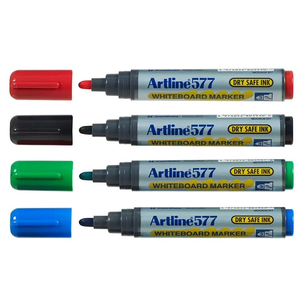 4x Artline 577 Assorted Colours Writing Markers w/Whiteboard Cup/Magnetic Eraser