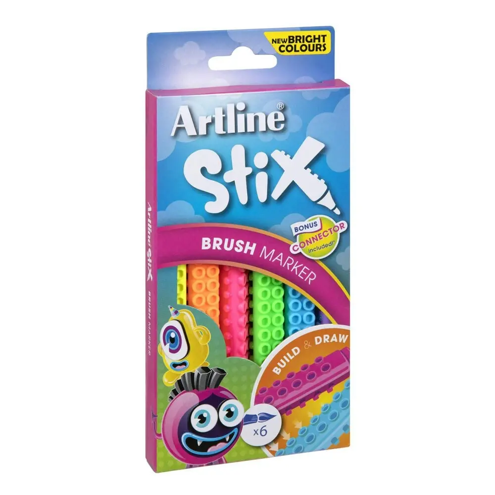 6PK Artline Stix Neon Brush Markers Washable Kids Colouring Pens w/Connectors