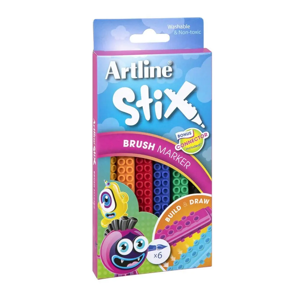 6PK Artline Stix Brush Markers Washable Kids Drawing Colouring Pens w/Connectors