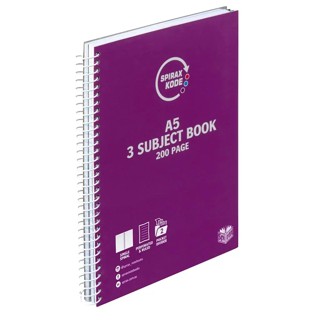 5pc Spirax Kode A5 3 Subject Book 200pg Paper/Notebook Assorted w/ Dividers