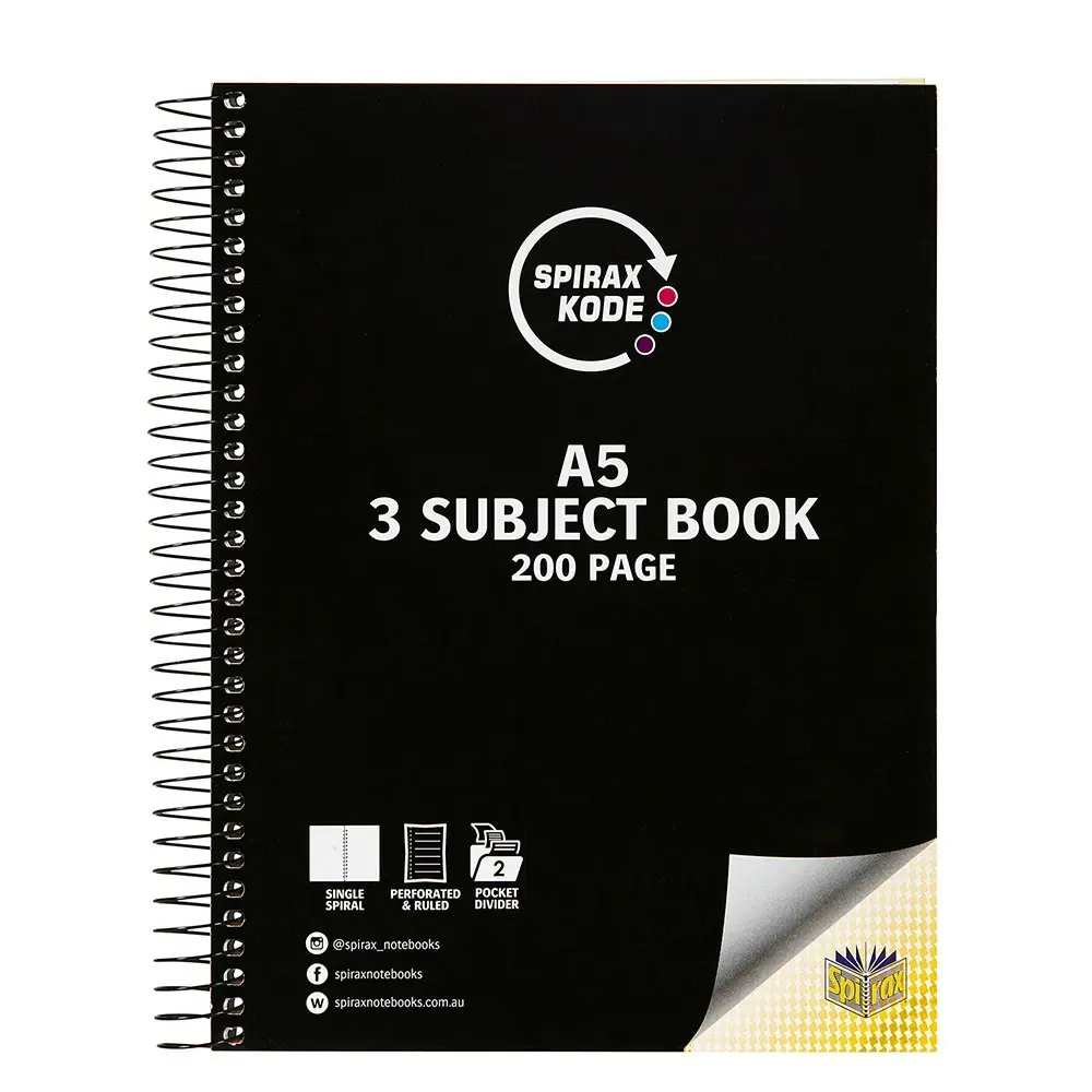 5pc Spirax Kode A5 3 Subject Book 200pg Paper/Notebook Assorted w/ Dividers