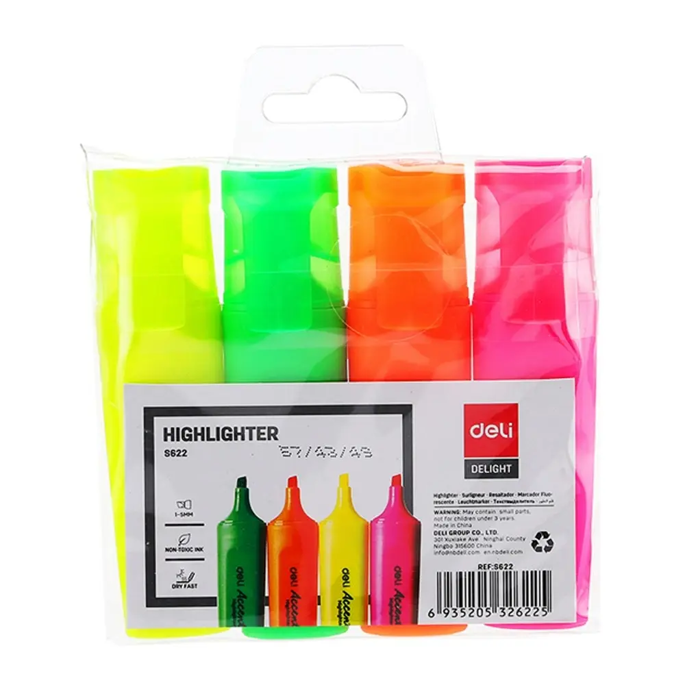 8x 4pc Deli Paper Highlighter 5mm Dry Fast Non Toxic Bullet Nib Assorted Colours