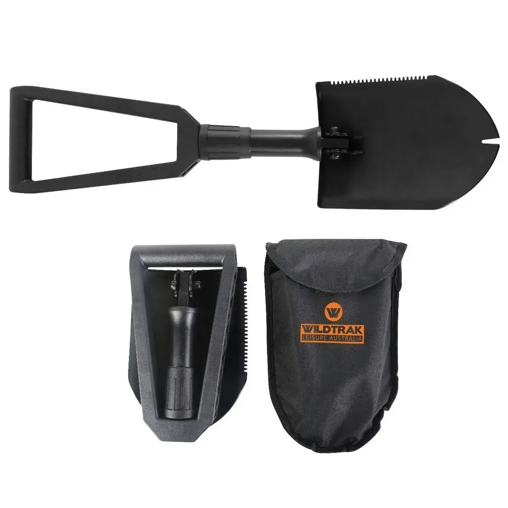 Wildtrak Folding Camping Shovel/Sawtooth Blade Steel D-Grip Handle w/Pouch Black