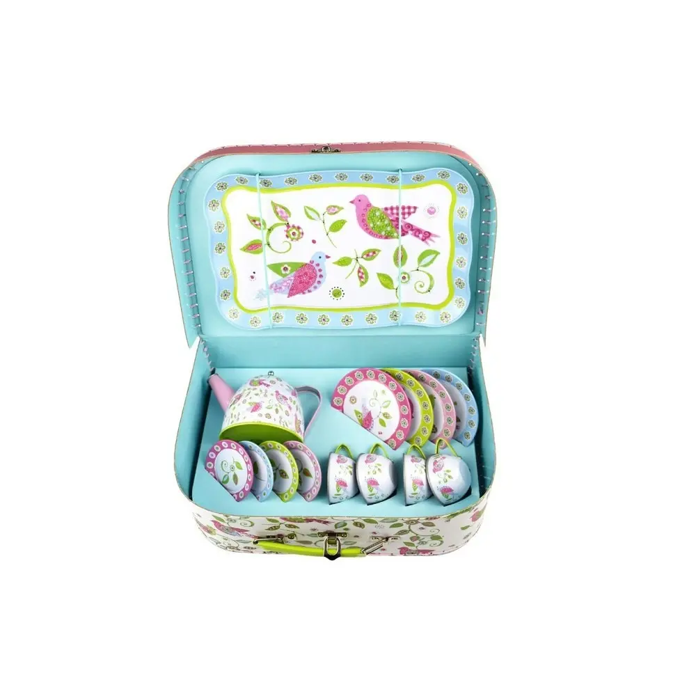 15x Kaper Kidz Bird Tin Tea Party Set Suitcase Kids Pretend Play Teatime Toy 3y+