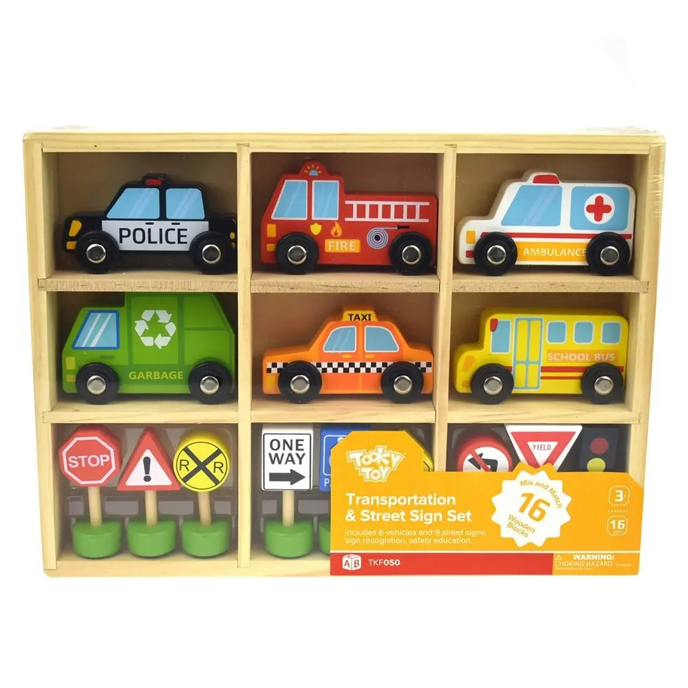 16pc Tooky Toy Wooden Transportation & Street Sign Vehicles 3y+ Kids/Toddler