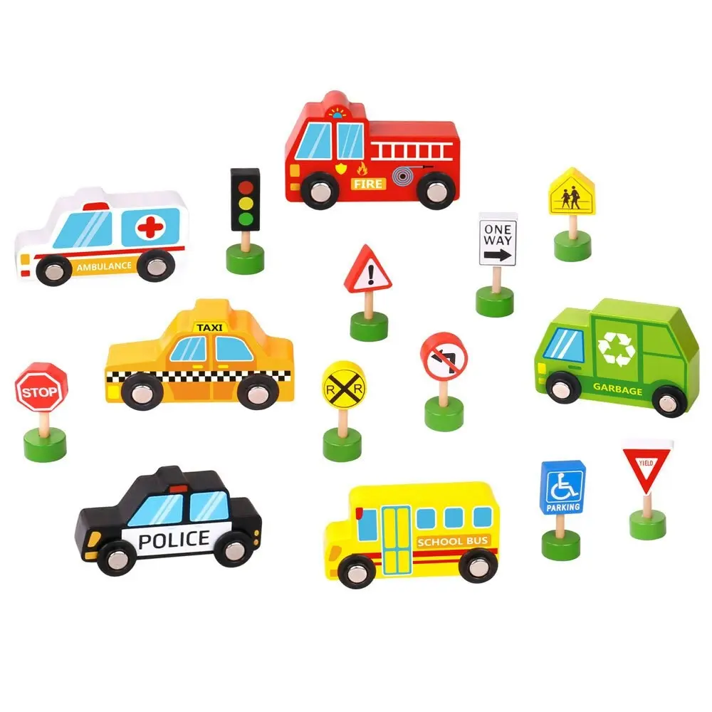 16pc Tooky Toy Wooden Transportation & Street Sign Vehicles 3y+ Kids/Toddler