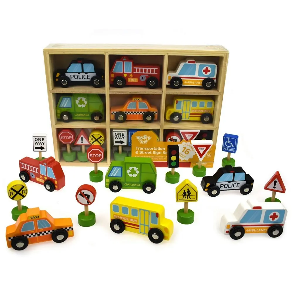 16pc Tooky Toy Wooden Transportation & Street Sign Vehicles 3y+ Kids/Toddler