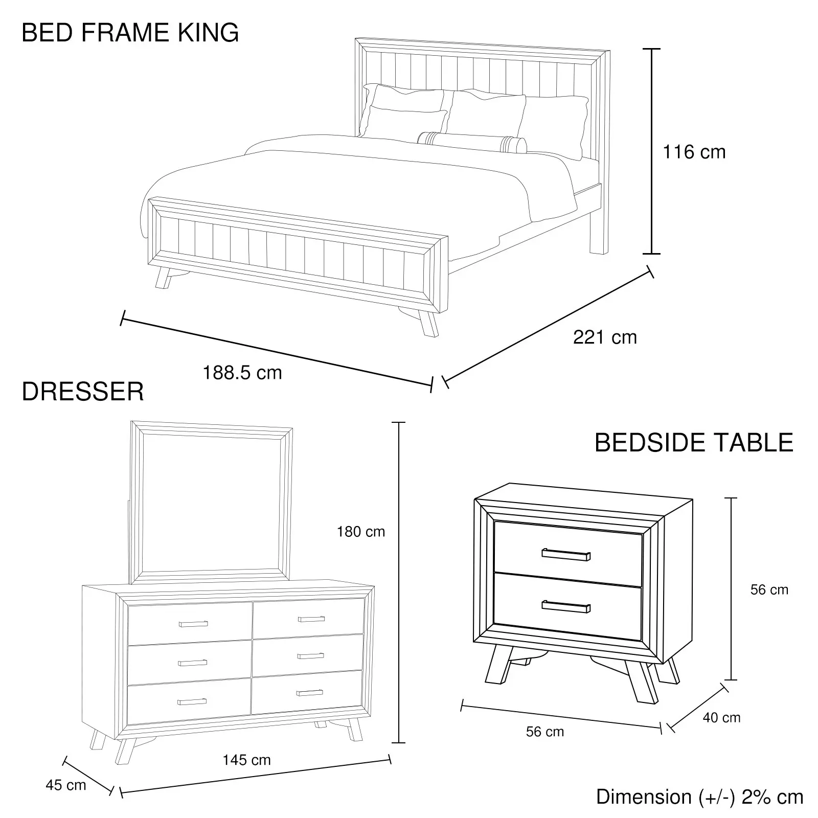 4 Pieces Bedroom Suite King Size Silver Brush in Acacia Wood Construction Bed, Bedside Table & Dresser