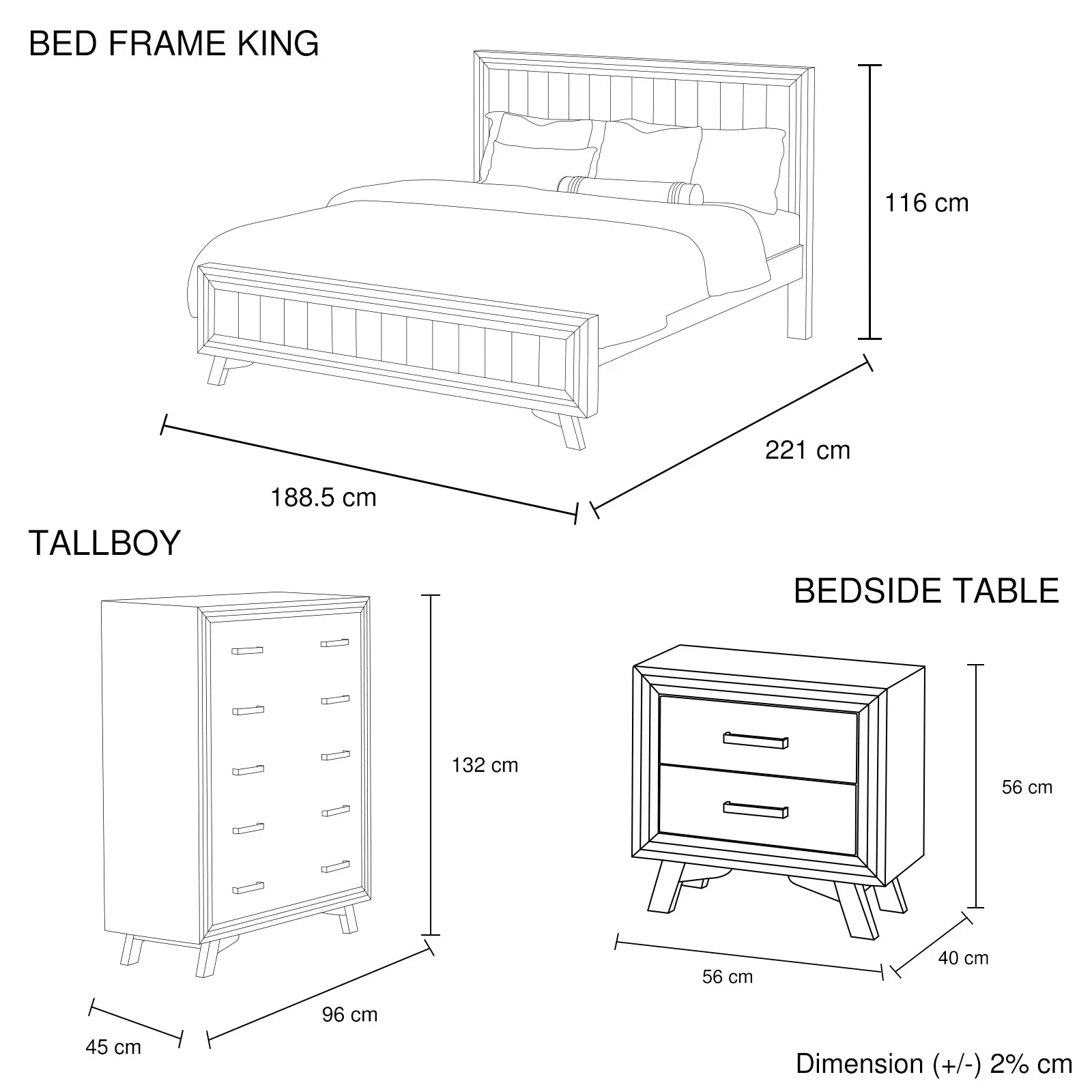 4 Pieces Bedroom Suite King Size Silver Brush in Acacia Wood Construction Bed, Bedside Table & Tallboy