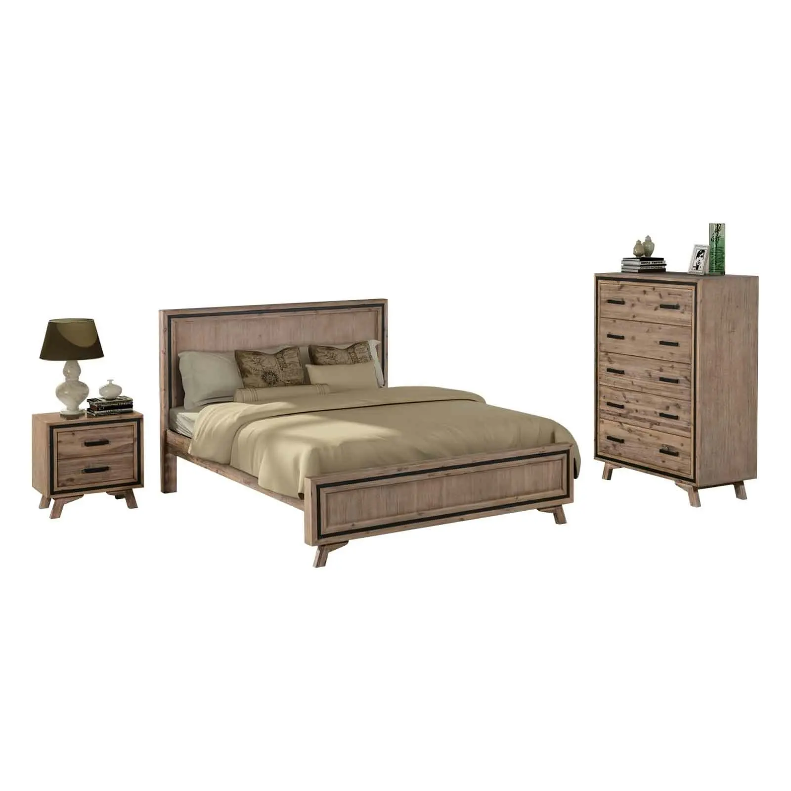 4 Pieces Bedroom Suite King Size Silver Brush in Acacia Wood Construction Bed, Bedside Table & Tallboy