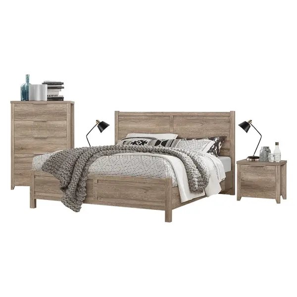 4 Pieces Bedroom Suite Natural Wood Like MDF Structure Double Size Oak Colour Bed, Bedside Table & Tallboy